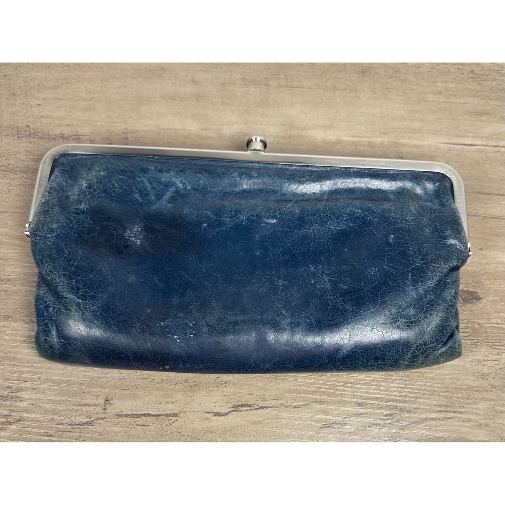 HOBO Lauren Clutch Blue Leather‎ Bifold 2 Sided Framed Kiss Wallet Purse Bag